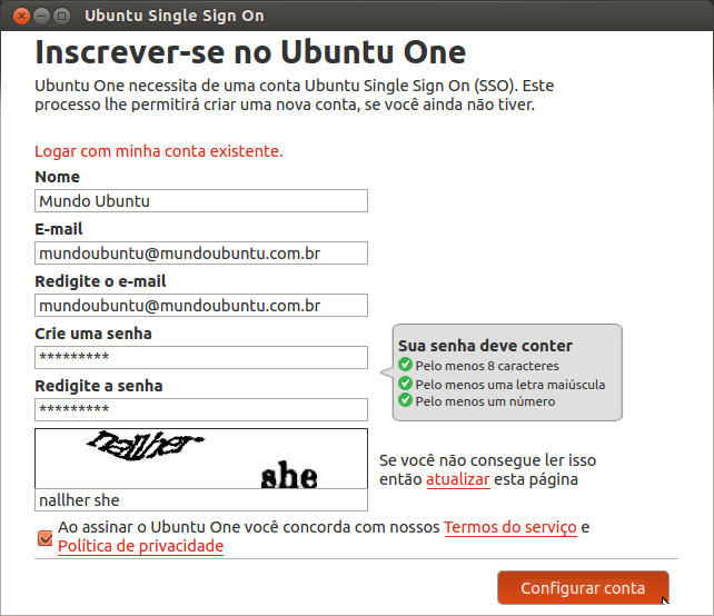 Criando uma nova conta no Ubuntu One